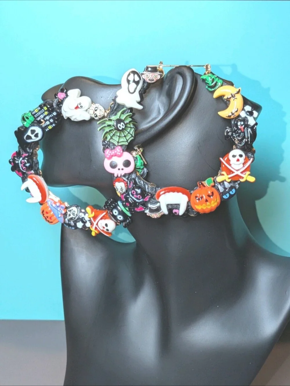 Hand Crafted Multicolor Halloween Charm Decoden Xl Hoop Earrings For Women